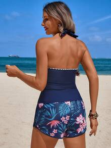 Swim Lushoire Conjunto de traje de baño de mujer con parte superior de tirantes con pliegues y estampado de plantas tropicales - Multicolor - Ver 2