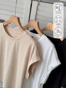 SHEIN LUNE 女士休闲纯色基础款三件套，宽肩吊带背心，短款特殊面料短袖T恤，轻松优雅通勤装，春夏款 - 彩色 - 查看 4