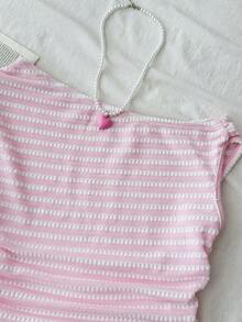 Áo croptop dệt kim sọc hồng, chất liệu vải mềm mại, tối giản, dáng bất đối xứng, xếp ly, thích hợp cho mùa xuân/hè, phong cách thường ngày, cá tính, mặc hàng ngày. - Hồng - Xem 6