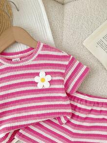 LMoss Kids Bộ 2 món áo thun cổ tròn kẻ sọc dệt kim cho bé gái và quần short - Nhiều màu - Xem 5