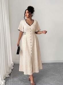 Elenzga Plus Size Women Elegant Lady Fashion Versatile Casual V-Neck Front Button Waist Tie Contrast Color Dress - Apricot - View 7