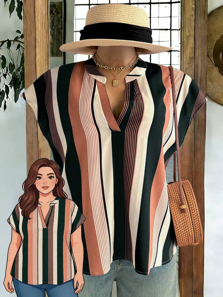 Plus Size Women Striped V-Neck Casual Shirt Summer Tops Summer Outfits Spring Clothing Spring Outfit Festival Outfits For Women Vacation Outfits Women Holiday Outfits For Women Summer Holiday Outfits Country Style For Women Blouses For Women Short Sleeve Blouse