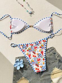 Bộ bikini hai mảnh buộc dây phía trước in hình trái cây, phong cách nghỉ dưỡng tươi mát. - Nhiều màu - Xem 4