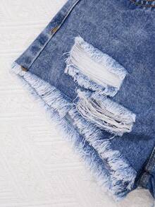 SHEIN Tween Girl Y2K Spring Summer Break Light Washed Casual Versatile Distressed Low Waist Ripped Raw Hem Denim Jeans Shorts With Raw Hem, Summer Beach Boho Vacation Shorts, Summer Concert Festival Casual Rave , Girls Summer Brunch Graduation - Dark Wash - View 4