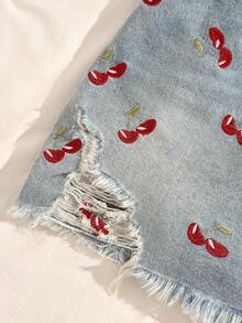 Comfortcana Plus Size Women's Light Blue Distressed Cherry Embroidery Denim Mini Skirt,Cute Summer Vacation Beach Holiday Festival Country Concert - Medium Wash - View 7