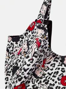 Betty Boop x SHEIN 1 buah Tas Bahu Kapasitas Besar dengan Motif Cetak, Cocok untuk Berkemah, Pantai, Perjalanan, Belanja, Sekolah, Kerja, dan Acara Lainnya. - Leopard mencetak hitam - View 4