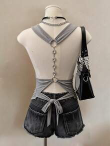 Franclia Plus Size Women Casual Sexy Backless Rhinestone Chain Tie-Up Halter Solid Color Top (With Bra Cup) - Light Grey - View 6