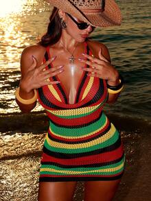 Swim SXY Vestido curto feminino elegante estilo resort brasileiro, com listras coloridas, decote nas costas e amarração frontal em tricô. - Multicolorido - Ver 4