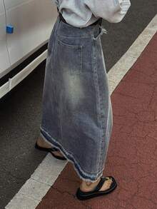 DAZY Chân váy denim dài nữ có túi, gấu rách, kiểu dáng thường ngày. - Màu xanh lam - Xem 2