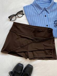 SHEIN EZwear Women's Casual Solid Color Skort, Minimalist Versatile For Daily Commute, Summer - Chocolate Brown - View 6