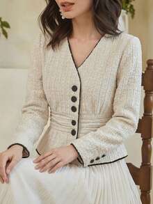 Dazy-Less Chaqueta elegante de manga larga para mujer con decoración de líneas, ajuste ceñido para uso en la oficina, primavera y verano - Blanco - Ver 4