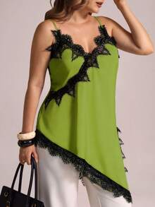 Elegantrix Plus Size Women Urban Casual Lace Asymmetric Hem V-Neck Patchwork Solid Color Camisole - Olive Green - View 2