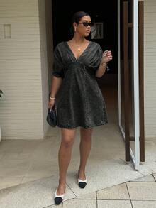 Dripcurv Plus Size Women V-Neck Batwing Short Sleeve Pleated Casual Denim Dress - Black - View 5