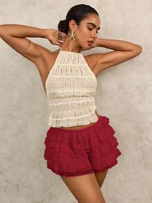SHEIN Swim Women's Solid Color Ruffle Trim Coverup Skort Set Holiday Beach Vacation Holiday Burgundy Summer Boho Cute - Burgundy - View 6