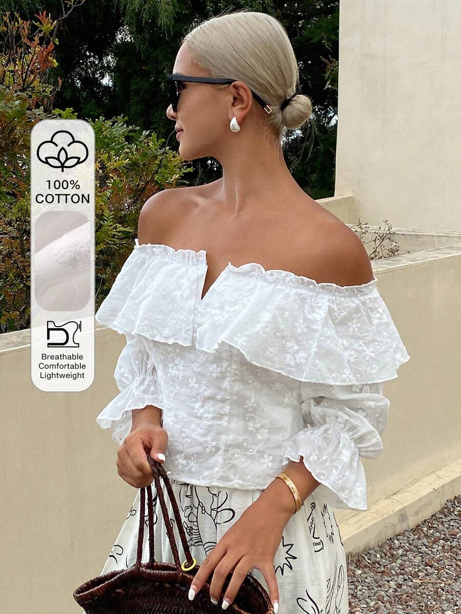 DAZY Elegant Casual Off Shoulder Lace White Blouse For Women, Spring & Summer Boho Vacation Outfits Women - White - View 1