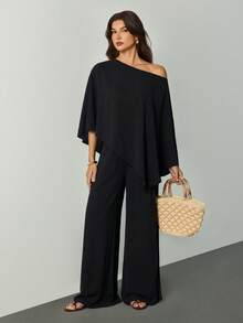 SHEIN Tall 新款秋冬女装休闲通勤棕色宽松单肩不规则上衣+高腰阔腿裤两件套，适合返校、乡村音乐会、返校节、万圣节、圣诞节、早午餐、外出、教堂礼拜、旅行、购物等场合。 - 黑色 - 查看 7