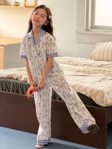 DAZY Contrast Plaid Pattern Short Sleeve Top + Pants Set, Girls' Loungewear (Plus Size) Summer - Baby Blue - View 5