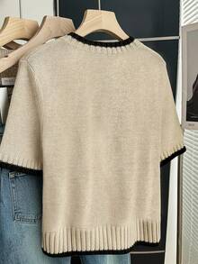 SHEIN CURVE+ 大码女式休闲复古日常百搭通勤针织衫，柔软舒适，年轻时尚，居家穿着舒适，圆领短袖落肩撞色宽松直筒修身套头衫，春夏款 - 彩色 - 查看 2