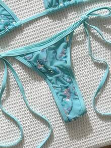 SHEIN Swim Vcay 2-Piece Textured Halter Bikini Set With Tie Side Bottoms, Sexy Swimwear For Spring/Summer Beach Vacation - Mint Blue - View 5