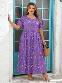 SHEIN CURVE+ Curve 尺码 US22 音乐节、海滨度假、波西米亚风随机印花休闲假日风格数码印花宽松短袖连衣裙 - 紫色 - 查看 5