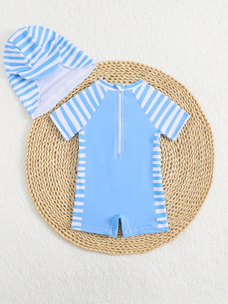SHEIN 2pcs Newborn Crocodile Design Soft Knit Fabric Short Sleeve Blue And White Stripe,Summer,Cute,Beach Baby Boy Rash Guard Swimsuit With Hat Romper Set - Multicolor - View 1