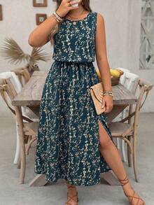 EMERY ROSE Plus Size Ditsy Floral Round Neck Casual Commute Split Hem Dress - Teal Blue - View 1