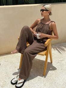 Women's Linen Style Spaghetti Strap Jumpsuit, Solid Color Vacation Cold Shoulder Outfit - Coffee Brown - View 1