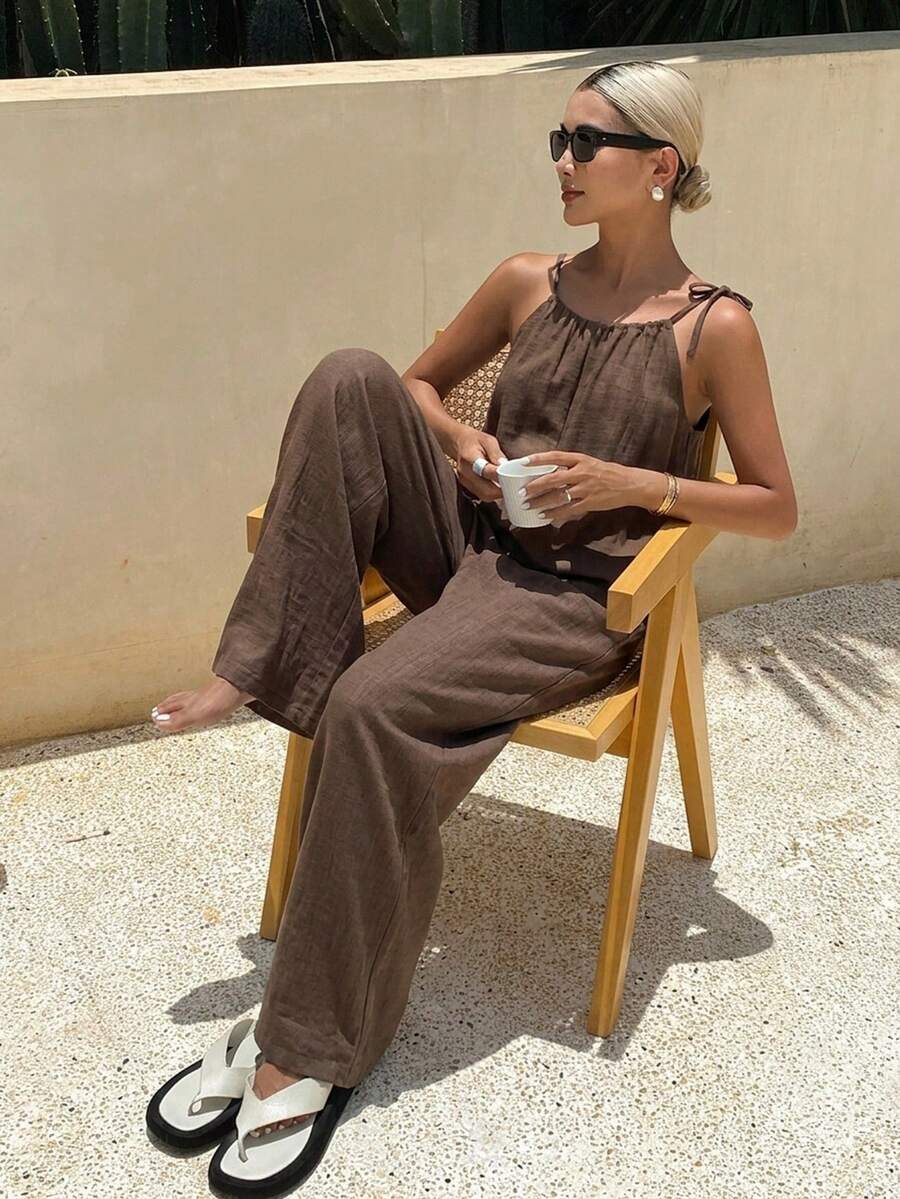Women's Linen Style Spaghetti Strap Jumpsuit, Solid Color Vacation Cold Shoulder Outfit - Coffee Brown - View 1