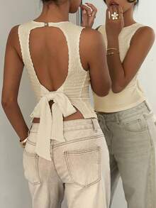 Aloruh Áo croptop nữ cổ tròn không tay, chất liệu dệt kim, màu trắng trơn, kiểu dáng thường ngày. - Màu be - Xem 2