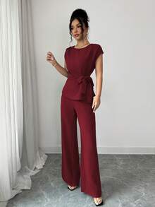 Elenzga Áo sơ mi nữ thanh lịch, màu xanh dương, xếp ly, eo điều chỉnh được, thắt nơ + Quần ống rộng, cạp cao, có túi, thanh lịch, phù hợp cho công sở - Màu Đỏ Sâu - Xem 6