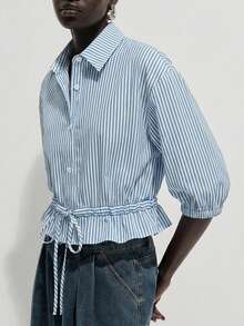 SHEIN Luminelle Striped Waist Cinching Shirt, Suitable For Summer Vacation, Commute And Outings - Blue - View 3