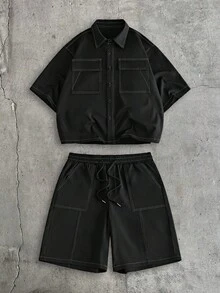AXEPEAK Men's Solid Color Cargo Pocket Shirt And Shorts Casual Suit - Black - View 2