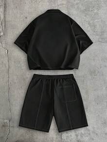 AXEPEAK Men's Solid Color Cargo Pocket Shirt And Shorts Casual Suit - Black - View 3
