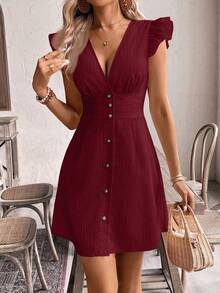 SHEIN Frenchy Gaun Elegan Wanita Warna Polos dengan Leher V Dalam dan Hem Berumbai - Burgundy - View 3