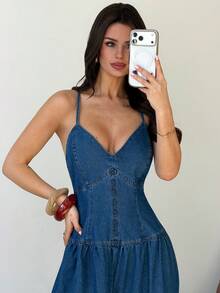Firerie Mono vaquero con tirantes finos y espalda descubierta para mujer, disfraz de verano para carnaval, viajes, graduación, estilo Y2K, fiesta, boda, elegante, casual, playa, graduación. Vestido de tirantes de mezclilla para mujer con cuello en V profundo, ajuste ceñido, línea A, plisado, overol de sol, atuendo de verano casual. - Azul - Ver 8