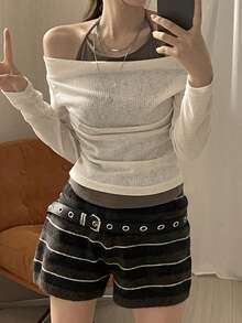 DAZY Women's Off-Shoulder Long Sleeve Ribbed Casual Versatile Daily T-Shirt - Apricot - View 3