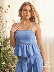 Aralina Soft Denim Fabric Spaghetti Strap Peplum Hem Fitted Bust Flowy Silhouette Summer Outfits For Women Cute Summer Tops Casual Top - Medium Wash - View 5
