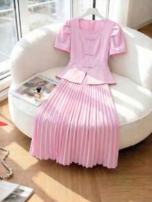 Elegant Square Collar Puff Sleeve Set, Suitable For Daily Wear, Parties And Outings - Pink - View 6