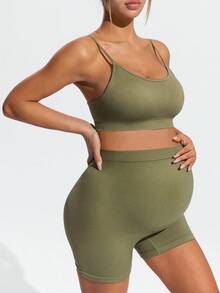 SHEIN Set sportivo casual di reggiseno e pantaloncini tinta unita da maternità - Verde Oliva - Visualizzare 10
