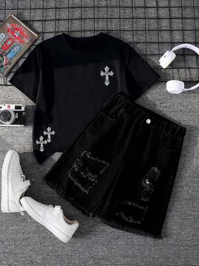 SHEIN Coolqubz 男童（加大码）街头风休闲两件套，印花上衣搭配做旧牛仔裤，舒适
