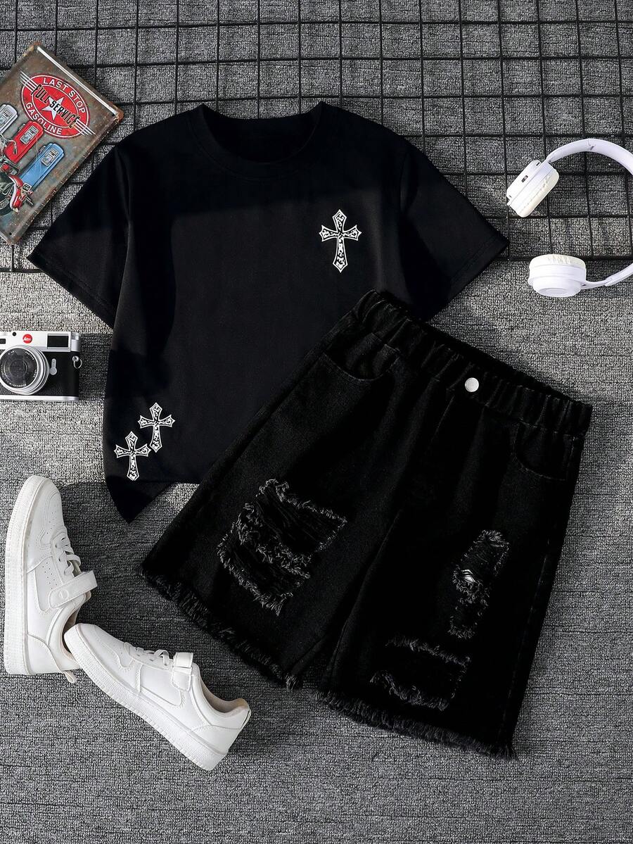 SHEIN Coolqubz Bộ đồ 2 mảnh phong cách đường phố thường ngày cho bé trai (cỡ lớn), áo in họa tiết và quần jean rách, thoải mái. - màu đen - Xem 1