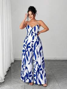 Elenzga Bộ jumpsuit nữ cỡ lớn thanh lịch in hoa, dây đeo có thể điều chỉnh, thời trang và duyên dáng cho đầu xuân. - Xanh và trắng - Xem 7