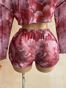 Soleia 2pcs Women Casual All-Over Print Asymmetric Collar Long Sleeve Top And Shorts Set - Multicolor - View 5