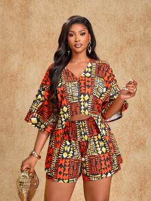 Brilight Women's Tropical Elegant Random Print Loose Asymmetrical Arc Hem Shirt + Shorts Set - South African Traditional Attire - Ladies Two Pieces Set. Suitable For Daily Casual Wear, Vacation, And Other Occasions. Lazy And Comfortable. Women Dress 2 Piece Set African Dresses For Women African Print For Women Two Piece Set For Ladies Latest Outfit For Women - Orange - View 3