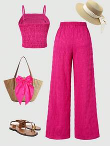 Conjunto de top de tirantes bohemio con estampado floral + pantalones rectos holgados + chaleco tejido para niñas preadolescentes de vacaciones - Rosa Fucsia - Ver 2