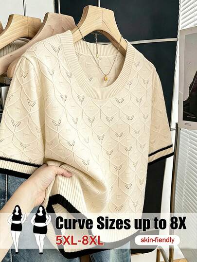 SHEIN CURVE+ Áo len nữ cỡ lớn kiểu dáng thường ngày, tối giản, đa năng, thoải mái, thanh lịch, thời trang, đường phố, cổ tròn, tay ngắn, phối màu, họa tiết jacquard hình học, rộng rãi, tôn dáng, ôm sát.