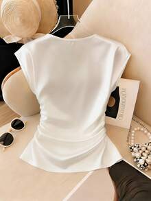 GlowEve Blusa de mujer de cuello redondo elegante y lujosa con mangas de capa y cuentas, diseño fruncido en la cintura para estilizar, camiseta casual de verano para vacaciones - Blanco - Ver 2