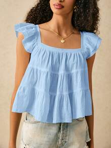 SHEIN Frenchy Women's Solid Color Square Neck Cap Sleeve Loose Blouse,Summer Top - Baby Blue - View 3