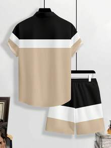 Manfinity Homme Ensemble chemise à manches courtes et short décontracté pour homme, avec boutons devant, imprimé lettres et couronne en couleurs contrastées, pour l'été - Multicolore - Voir 2