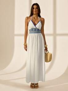 SHEIN Tall Women's Summer Embroidered Patchwork Split Hem Dress For Vacation,Beach Outfits For Woman,Vacation,Beach,Vacation Outfits Woman,Summer Dresses For Women - White - View 5